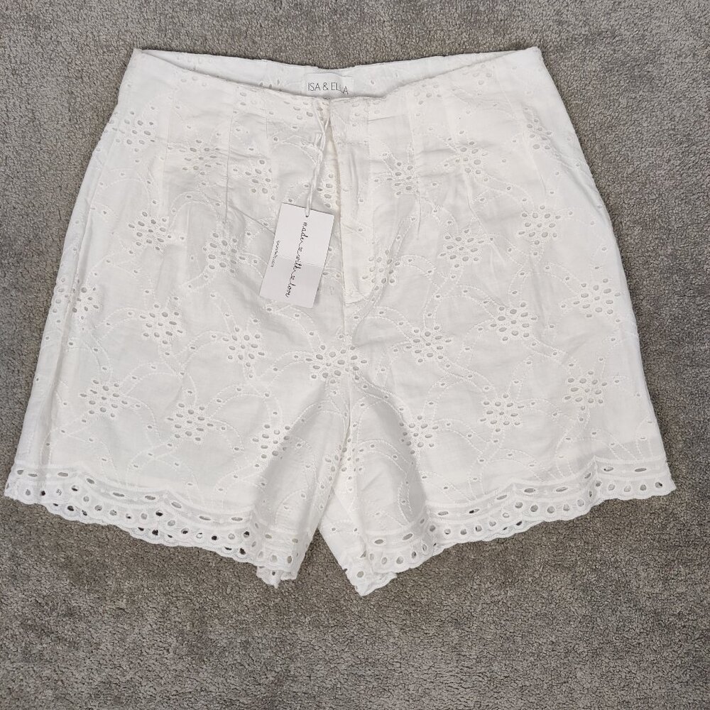 NEW ISA & ELLA Women's Shorts Size L White Lined Eyelet Boho Summer Lightweight